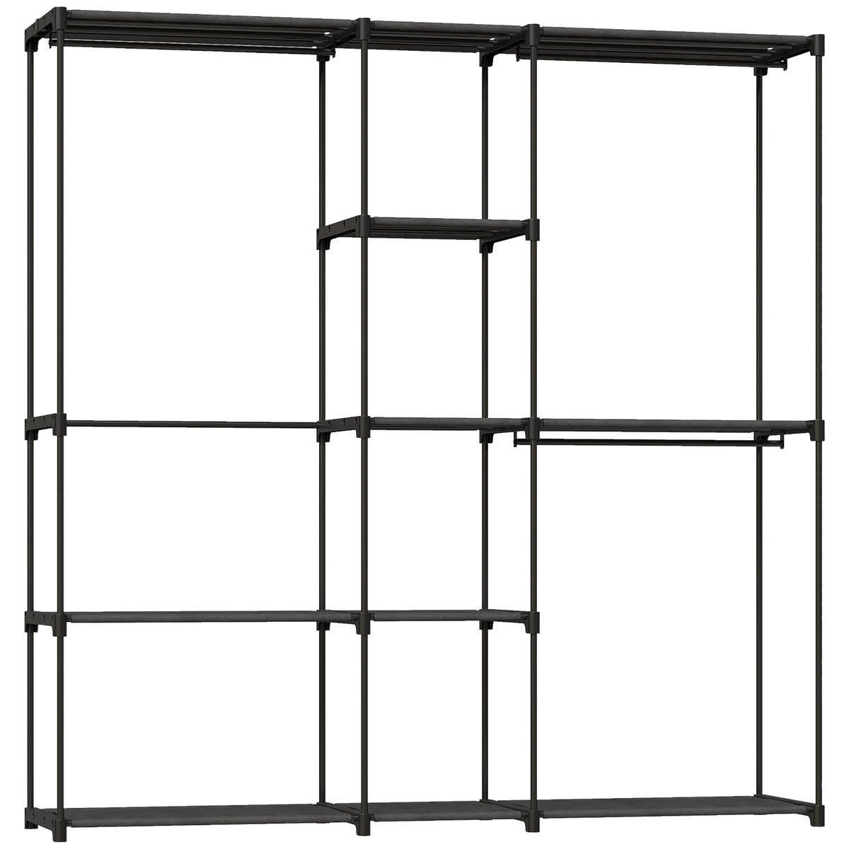 Wide black open portable wardrobe with eight shelves and three hanging rails