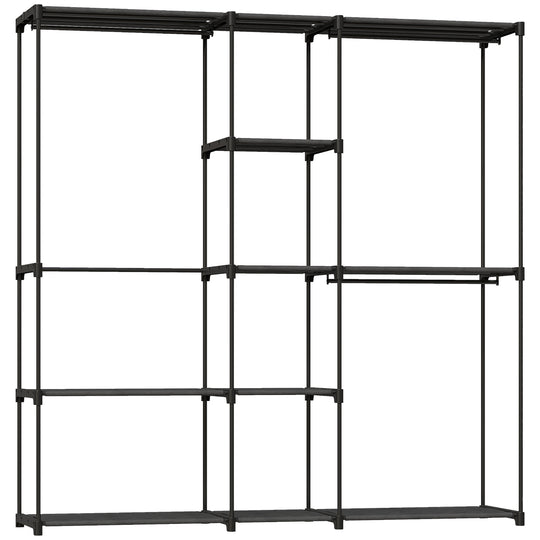 Wide black open portable wardrobe with eight shelves and three hanging rails