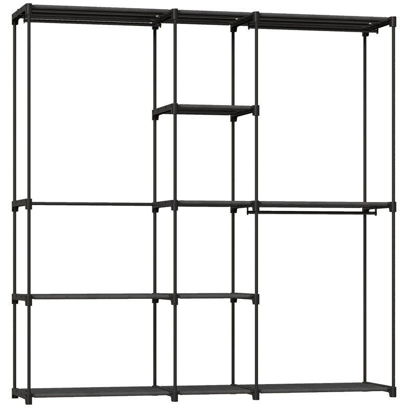 Wide black open portable wardrobe with eight shelves and three hanging rails