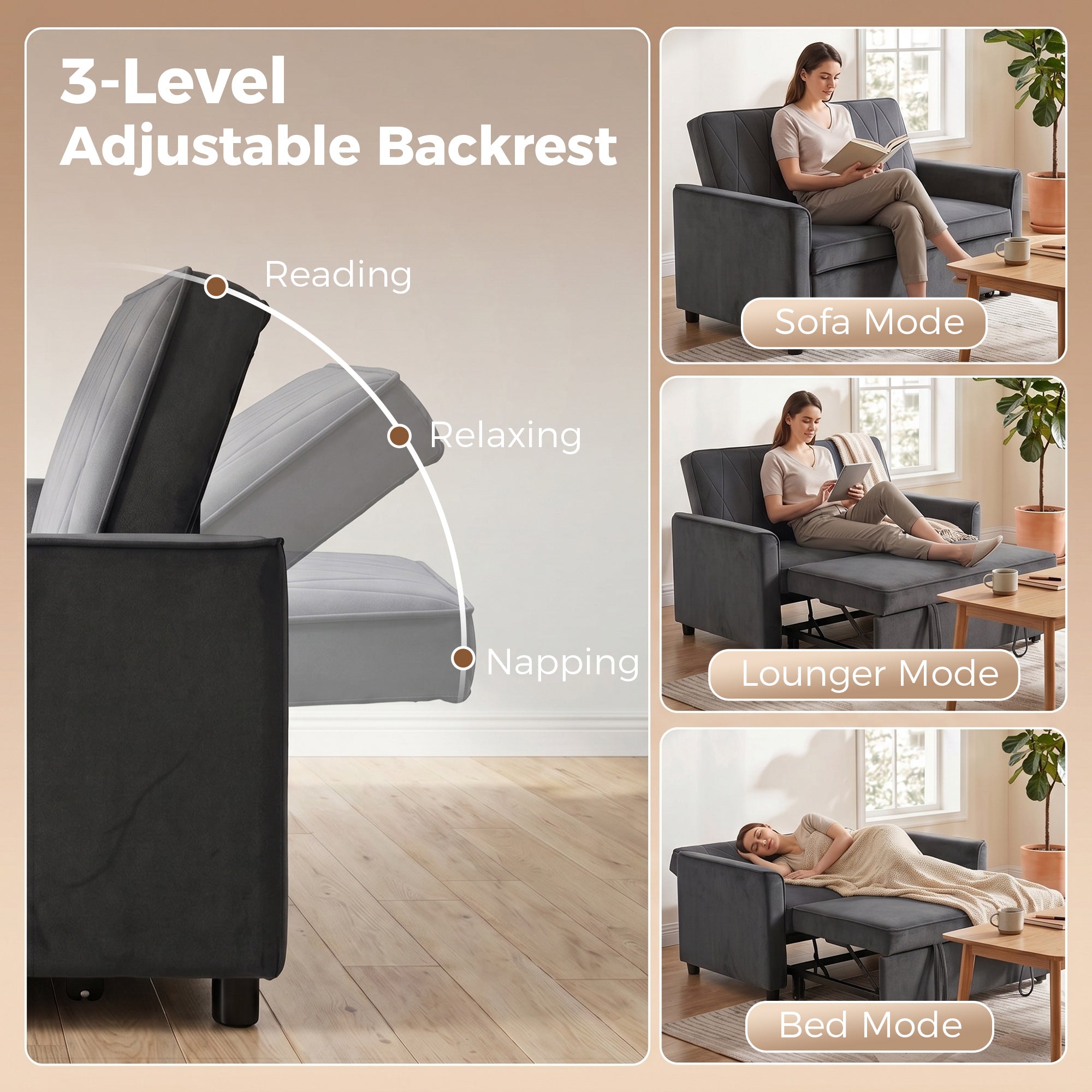 2 Seater Sofa Bed, 3-in-1 Convertible Pull Out Sleeper Sofa with Click-Clack Adjustable Backrest, Dark Grey