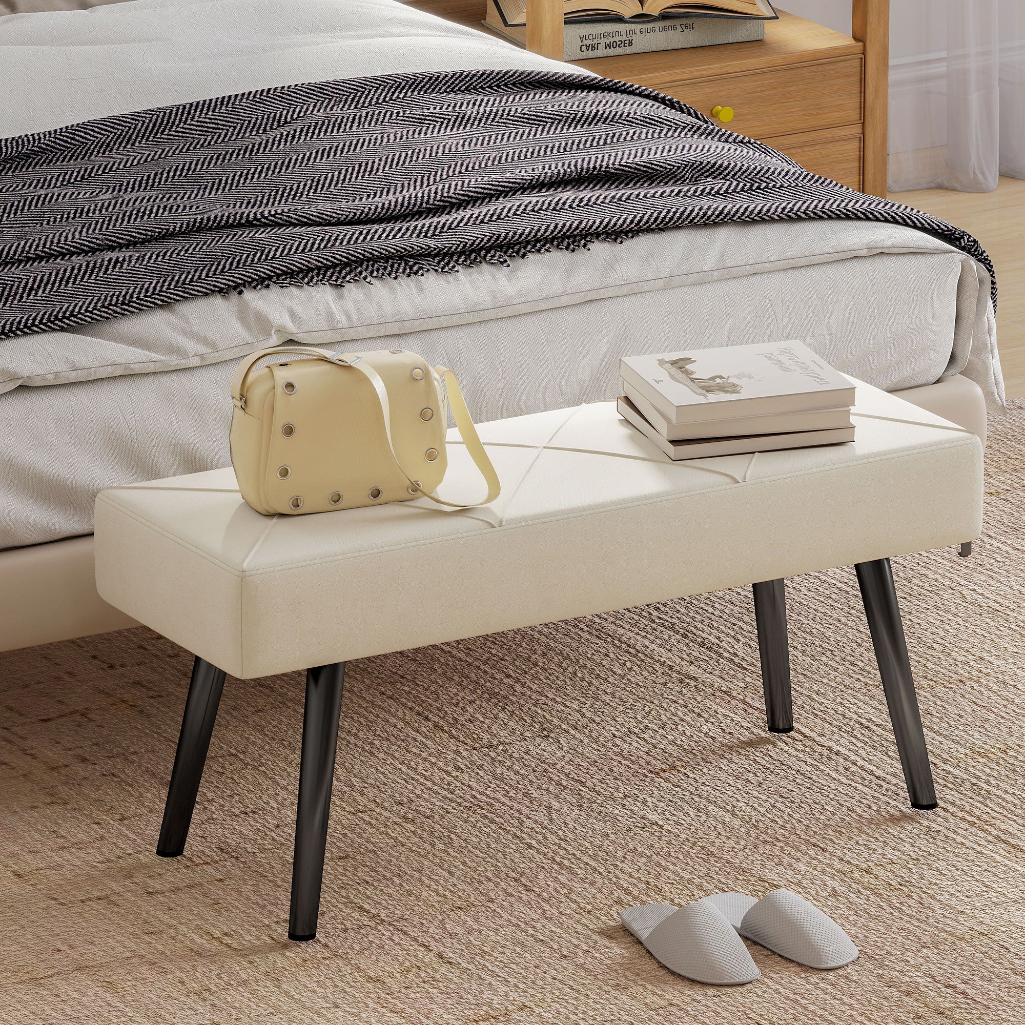 Upholstered Hallway Bench, End of Bed Bench with X-Shape Design and Steel Legs, Cream