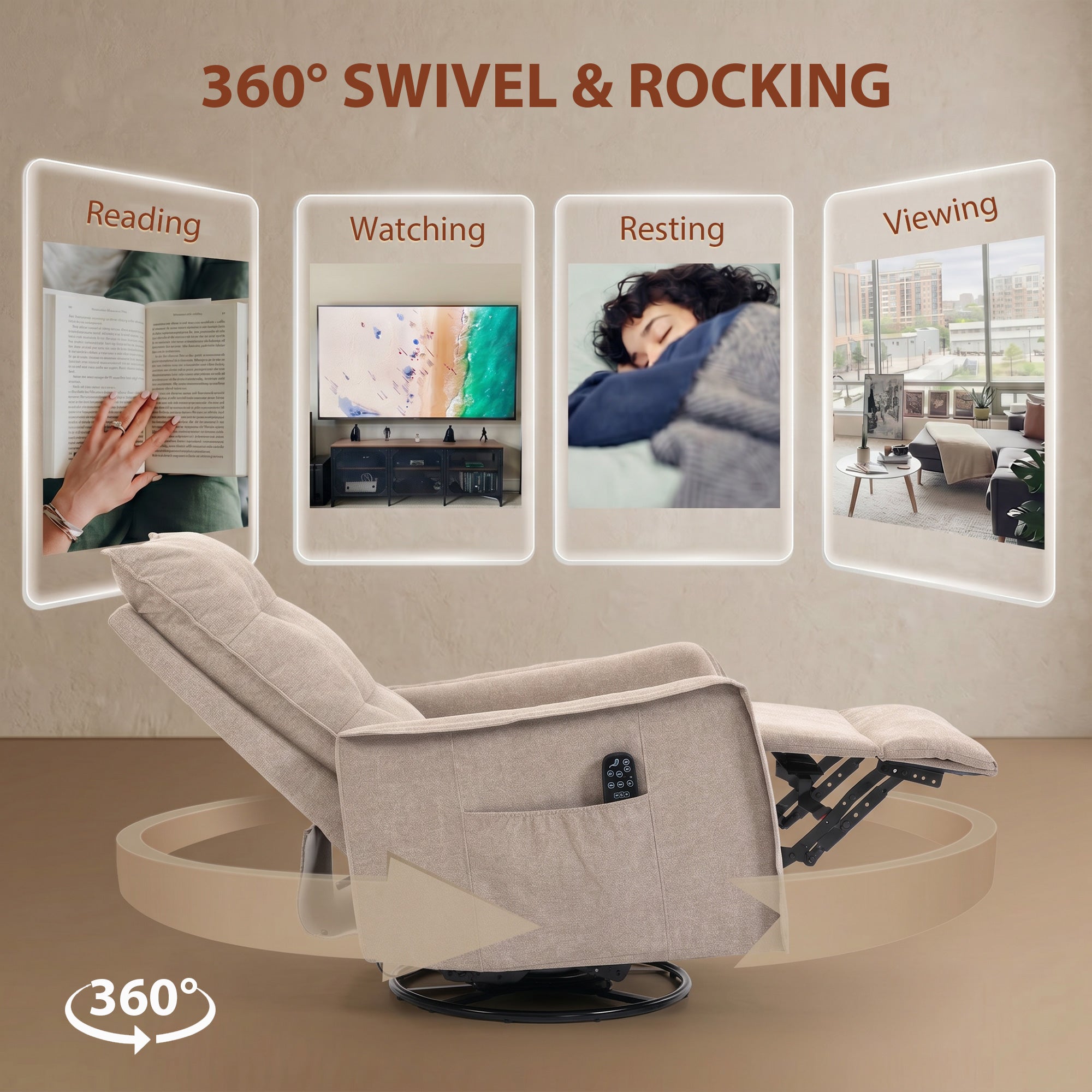 Recliner Armchair, Chenille Recliner Chair with Massage and Heat, 360° Swivel Rocking Manual Recliner, Brown
