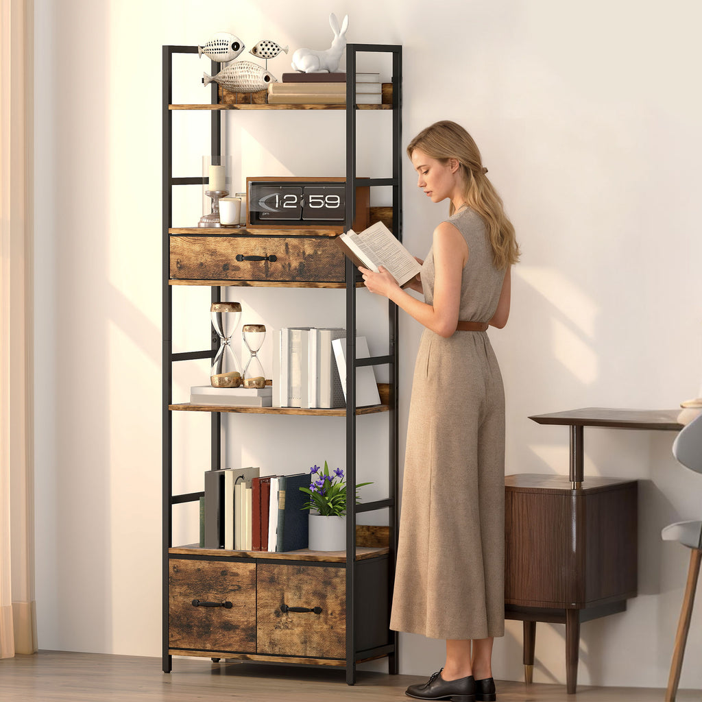 Industrial Style Bookcase, with 4 Shelves and 3 Fabric Drawers - Brown/Black