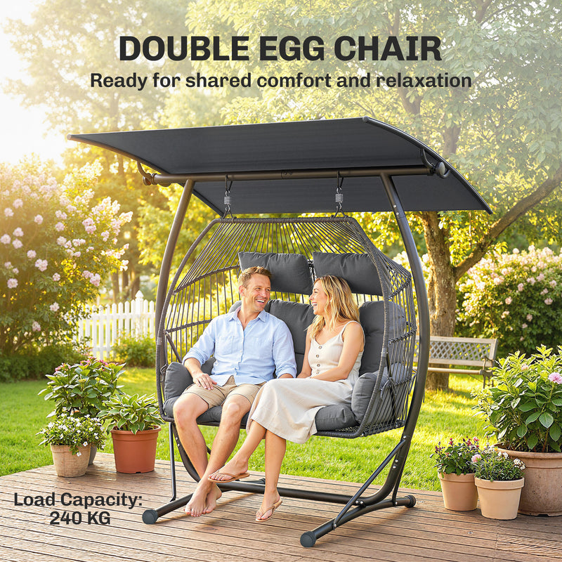 Outsunny Double Hanging Egg Chair with Canopy, Rattan Garden Egg Swing Chair with Cushion, Stand for Indoor Outdoor – view 5