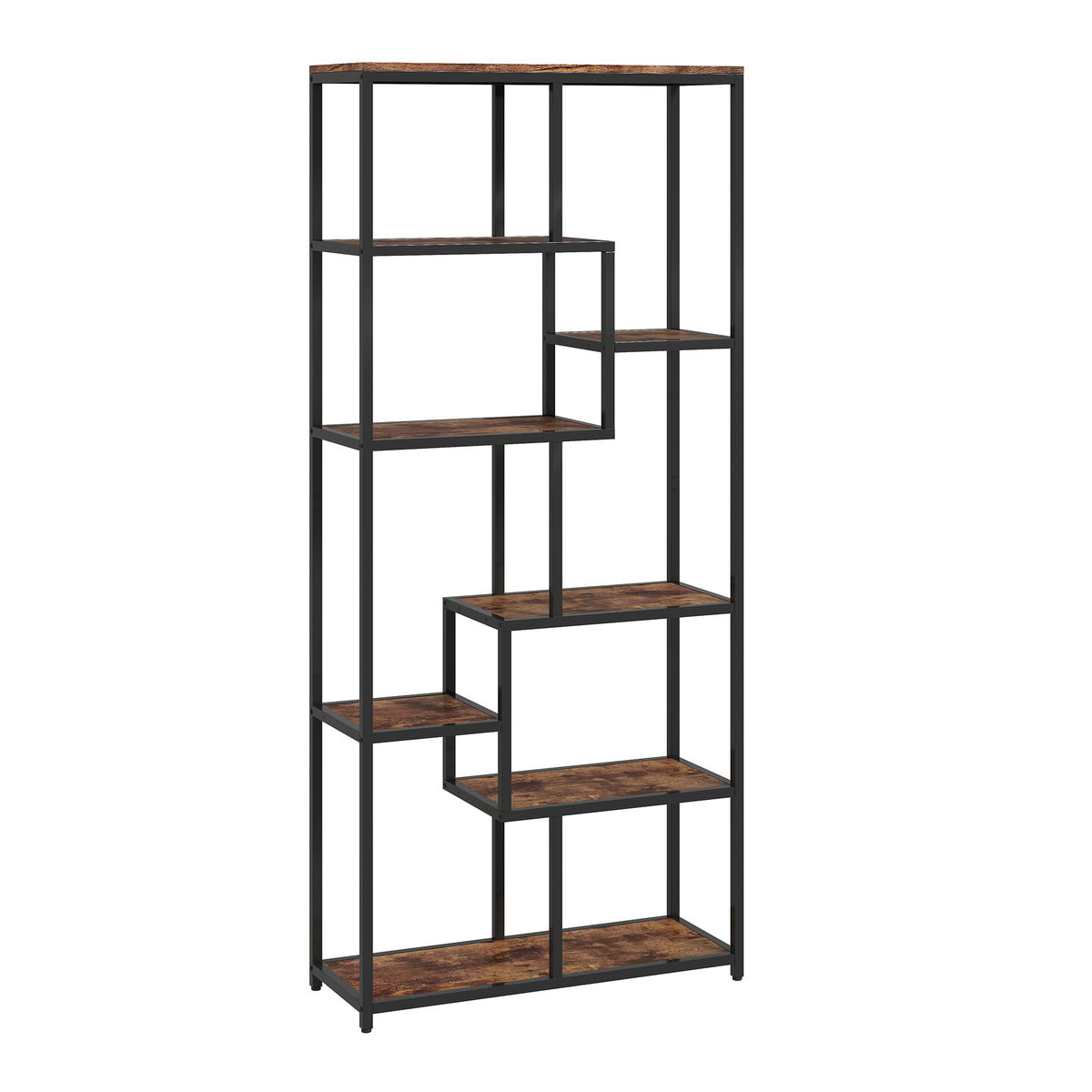180 cm 7-Tier Geometric Bookcase – Rustic Brown & Black