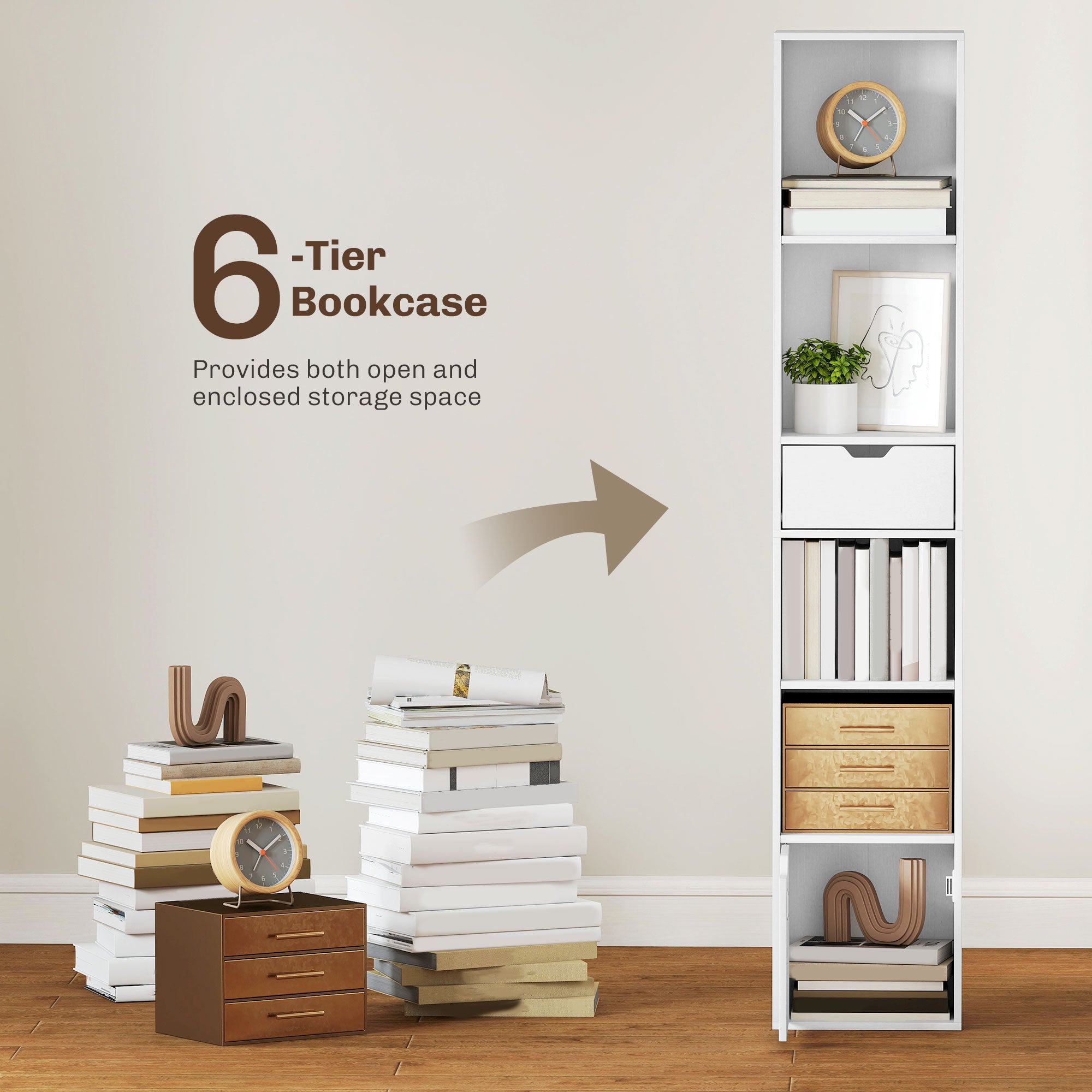 6-Tier Bookcase, Tall Narrow Bookshelf with Drawer and Door - White
