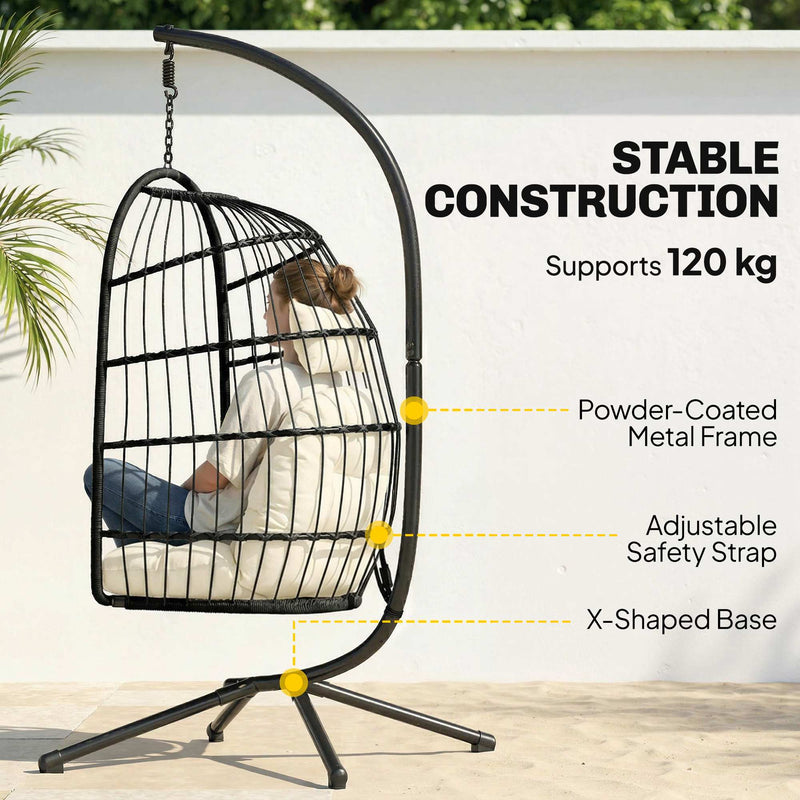 Outsunny Hanging Egg Chair, Indoor Outdoor Hammock Swing Chair with Stand, Safety Strap, Foldable Basket, Black/Cream – view 4