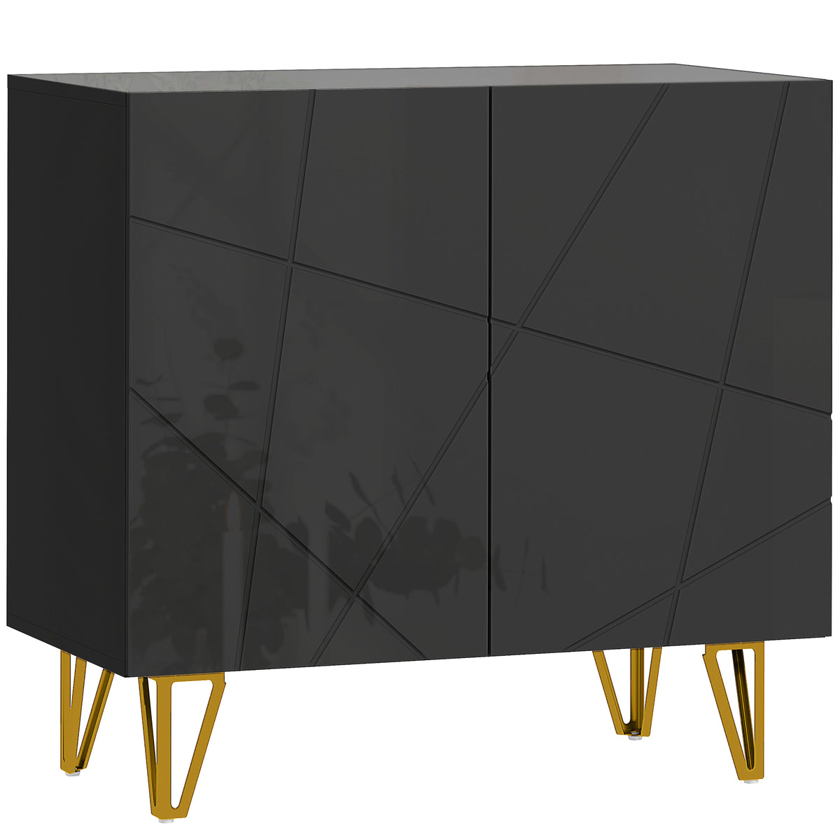 Black high gloss sideboard with line-detailed doors and gold hairpin legs