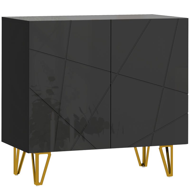 Black high gloss sideboard with line-detailed doors and gold hairpin legs