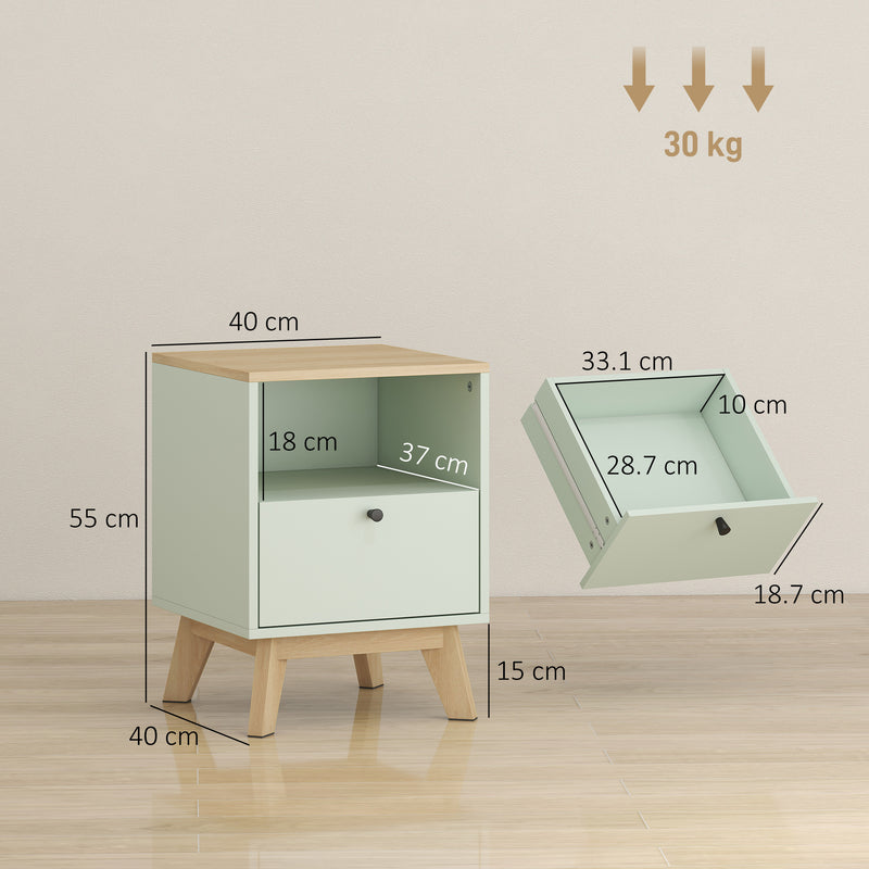 HOMCOM Modern Nightstand Set of 2, Bedside Table with Drawer and Open Shelf, Side End Table for Bedroom, Light Green – view 3