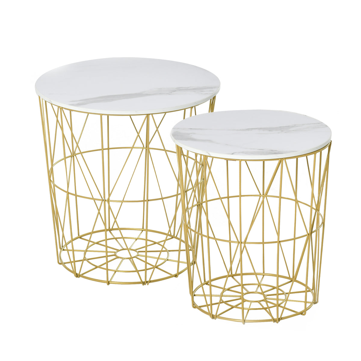 Set of 2 Round Nesting Storage Side Tables – White & Gold