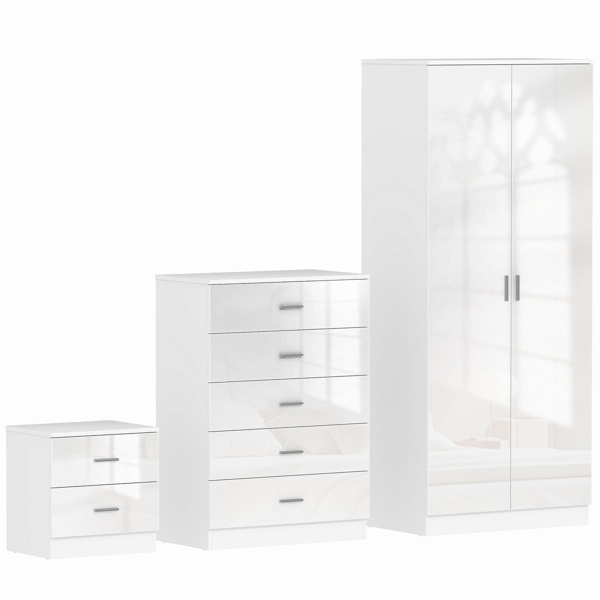 White high gloss bedroom set with 2-door wardrobe, 5-drawer chest and bedside table