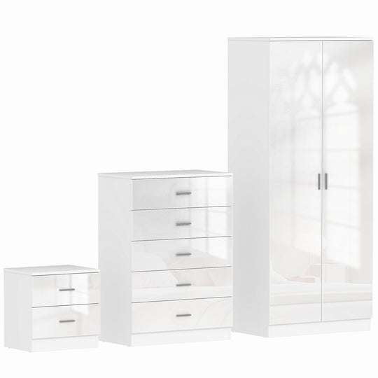 White high gloss bedroom set with 2-door wardrobe, 5-drawer chest and bedside table
