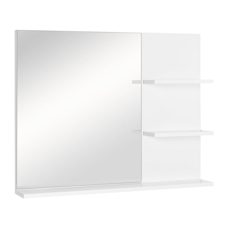 White wall-mounted bathroom mirror with three side storage shelves for toiletries