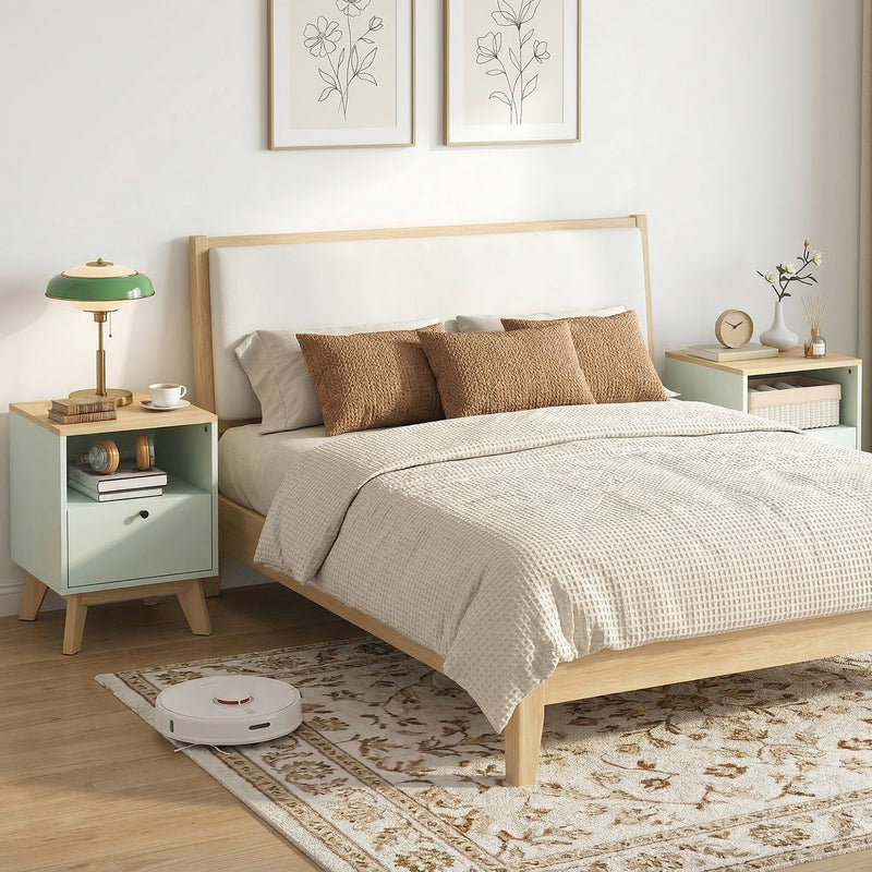 HOMCOM Modern Nightstand Set of 2, Bedside Table with Drawer and Open Shelf, Side End Table for Bedroom, Light Green – view 10