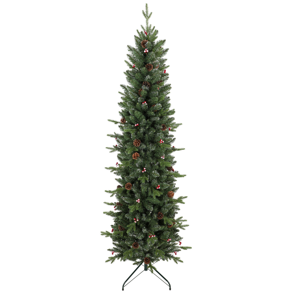 6ft slim pine pencil Christmas tree with white tips, pine cones and red berries