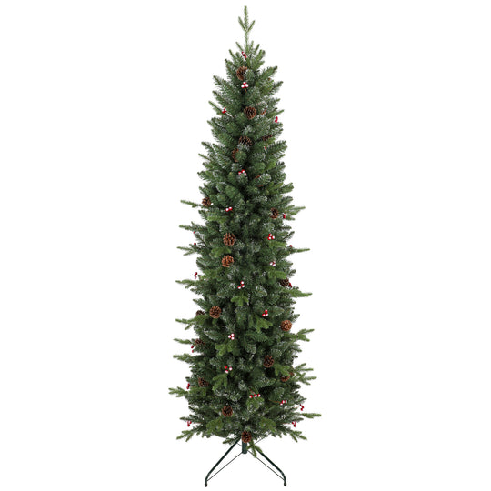 6ft slim pine pencil Christmas tree with white tips, pine cones and red berries