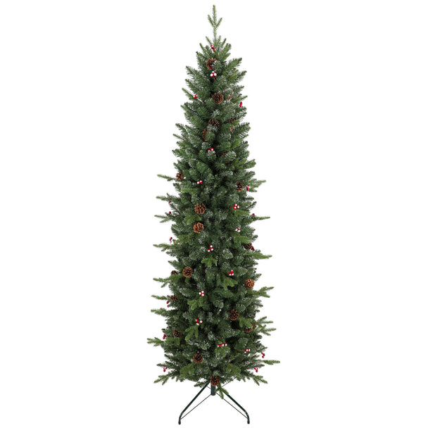 6ft slim pine pencil Christmas tree with white tips, pine cones and red berries
