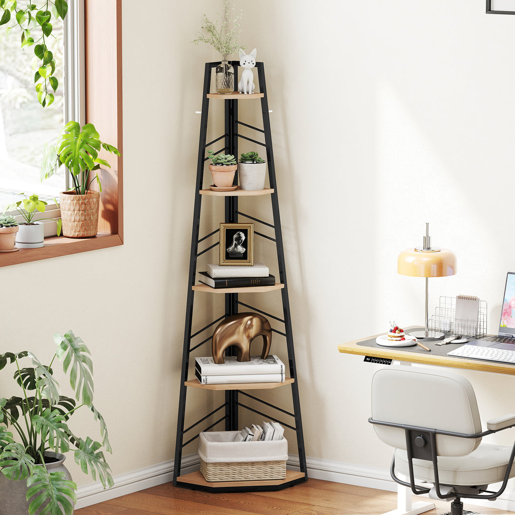Corner Bookcase, 5-Tier Floor Standing Bookshelf, Shelving Unit for Living Room, Study, Bedroom, Natural Wood Finish