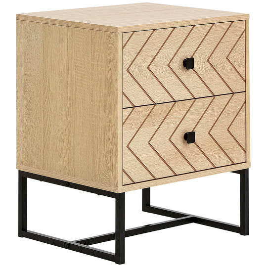 Natural wood-effect 2-drawer bedside table with zig-zag drawer fronts on a black metal base