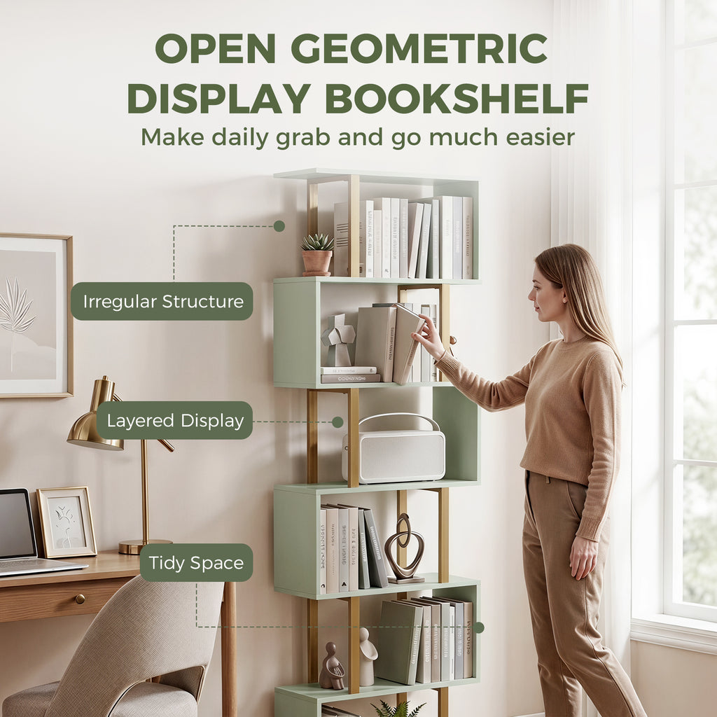 S-Shaped Bookshelf, 6-Tier Bookcase, Freestanding Storage Shelves with Anti-Tip Strap, Light Green