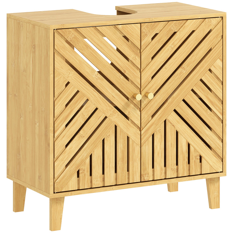 Natural bamboo under sink bathroom cabinet with slatted doors and U-shaped slot