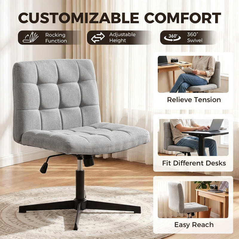 HOMCOM Armless Office Chair, Cross Legged Linen Computer Desk Vanity Chair with Wide Seat, Rocking Function, Grey – view 7