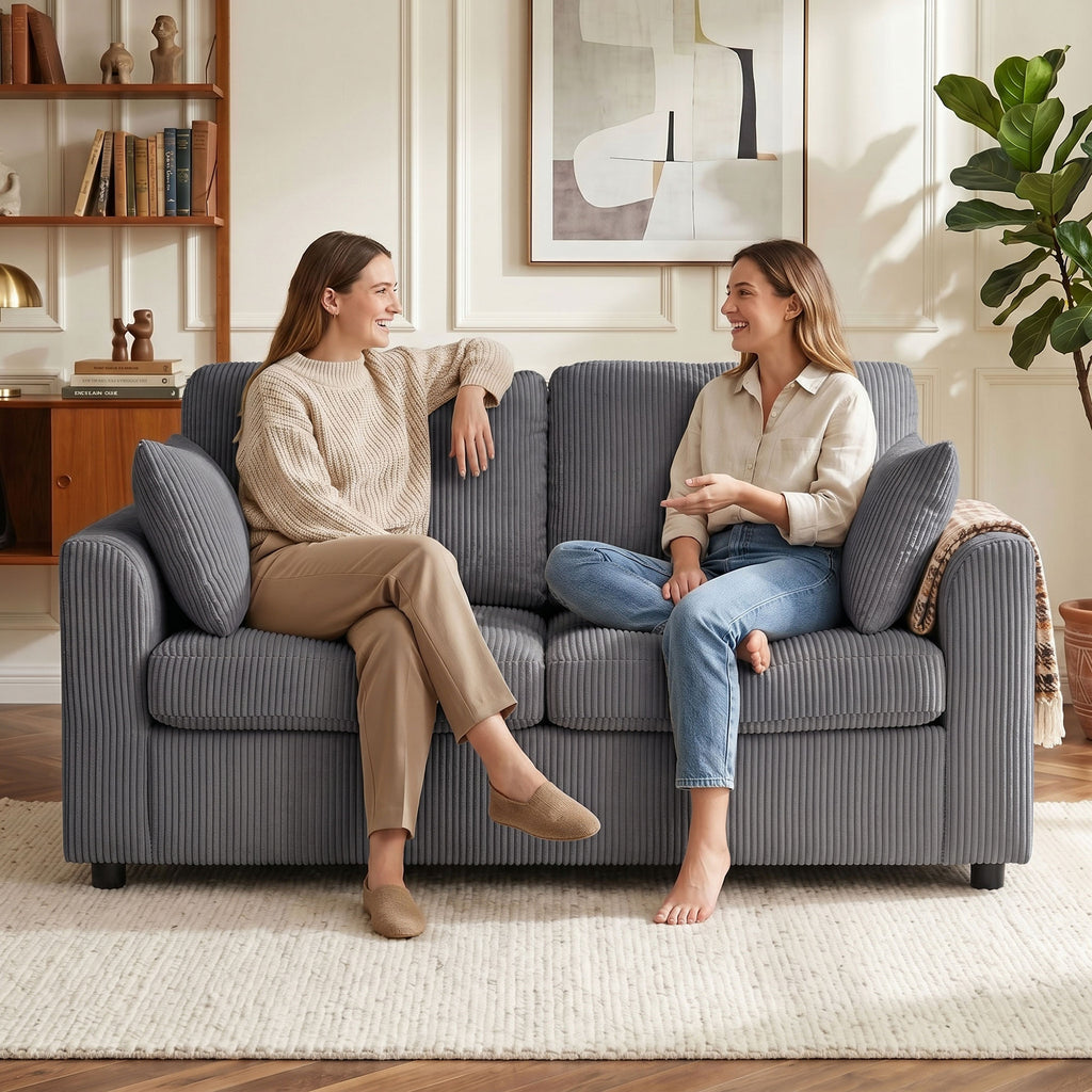 2 Seater Sofa, Corduroy Small Couch with Spring Cushion, Wide and Deep Seat, Dark Grey