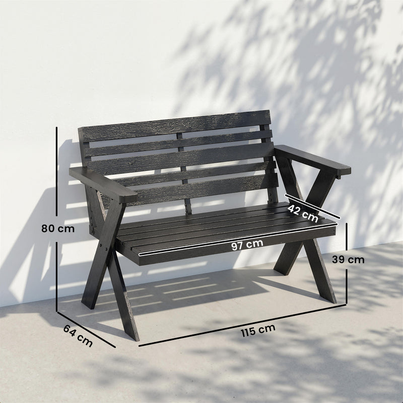 Outsunny 2 Seater Wooden Garden Bench, Slatted Patio Bench with Armrest and Backrest, Black – view 3