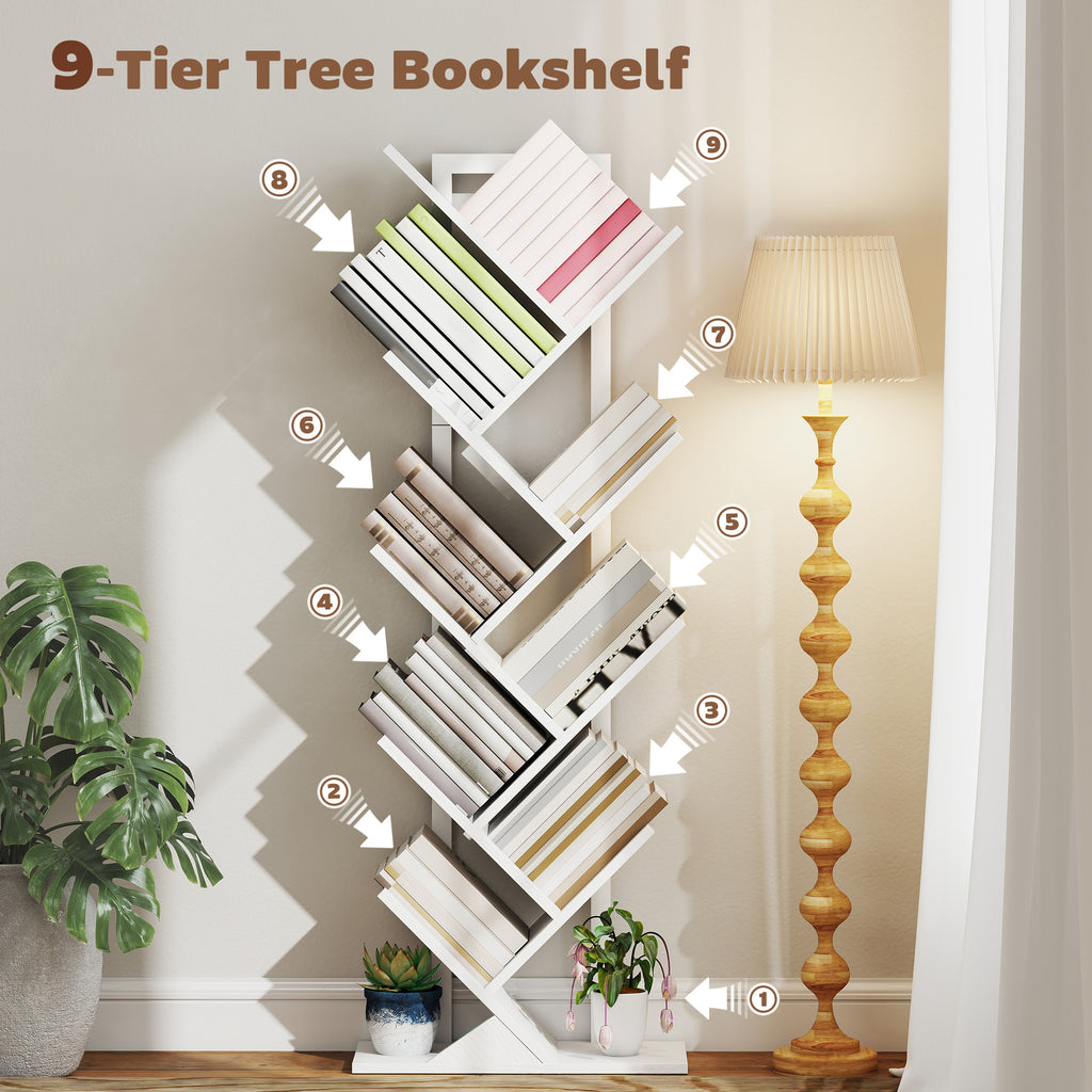 9-Tier Tree Bookshelf, Industrial Free Standing Bookcase with Steel Frame, Display Storage White