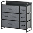 Grey seven-drawer fabric tallboy chest with metal frame and top shelf