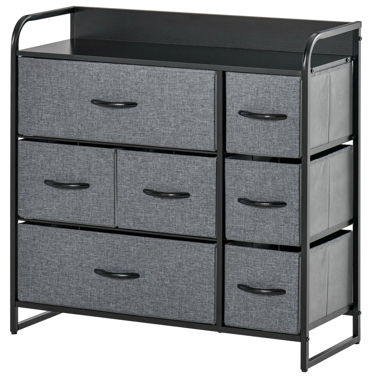 Grey seven-drawer fabric tallboy chest with metal frame and top shelf