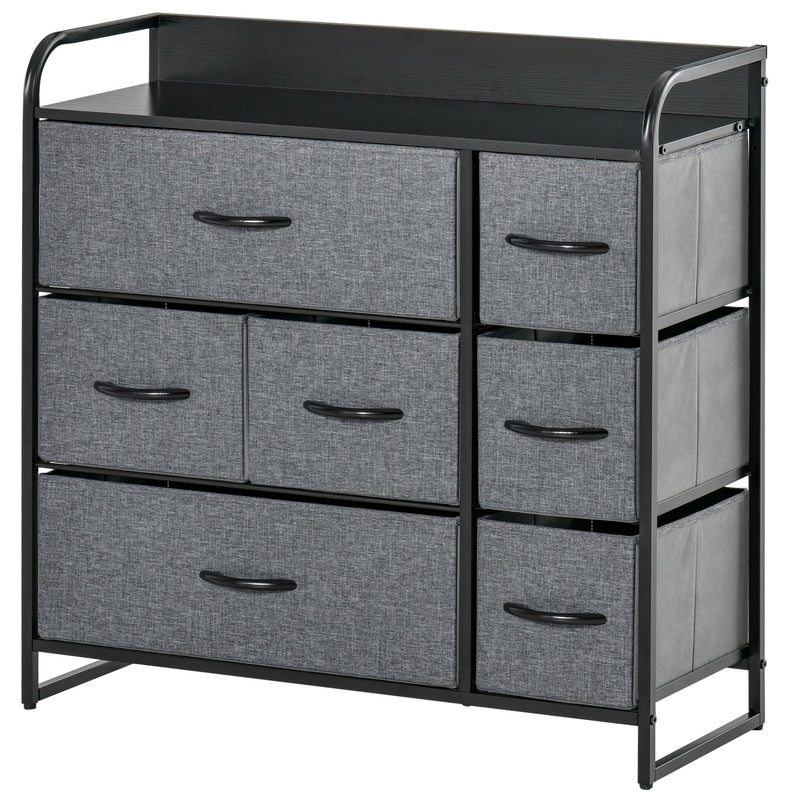 Grey seven-drawer fabric tallboy chest with metal frame and top shelf