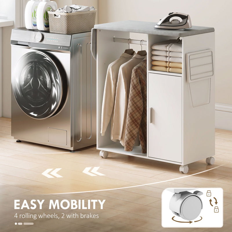 HOMCOM Rolling Ironing Board Cabinet, Foldable Ironing Station with Storage, Wheels for Home, Laundry Room, White – view 7