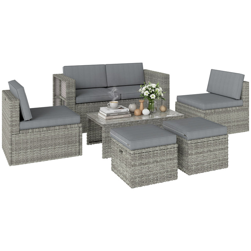 Outsunny 6 Piece Rattan Garden Furniture Set Loveseat, Chairs, Table, Footstools, Dark Grey – view 10