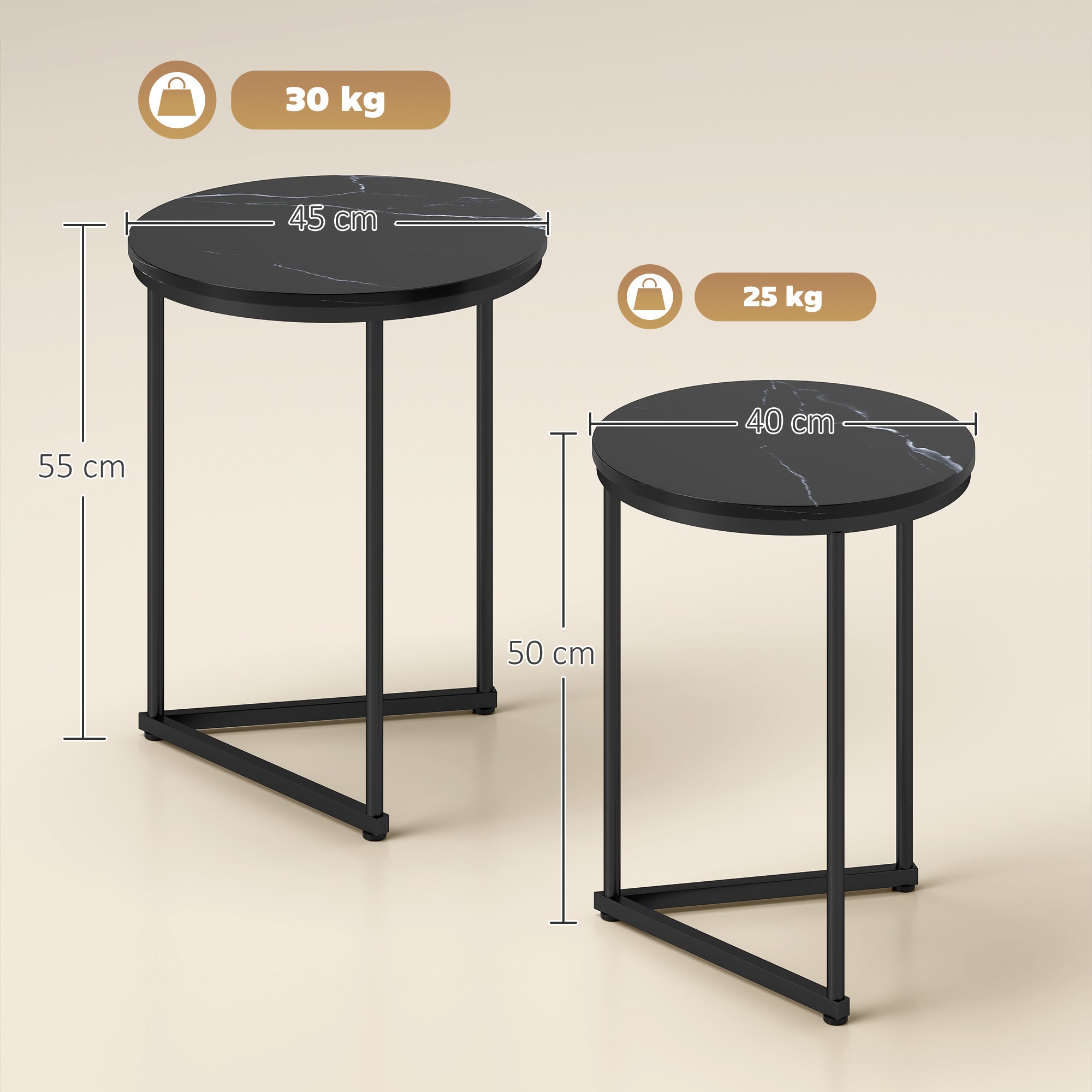 Set of Two Marble-Effect Nest of Tables - Black Marble Effect