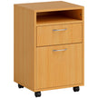 Natural wood-effect mobile filing cabinet with open shelf, two drawers and castors