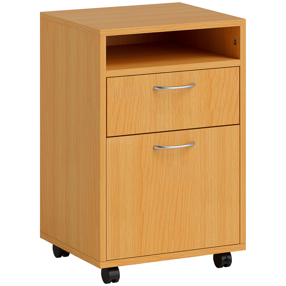 Natural wood-effect mobile filing cabinet with open shelf, two drawers and castors