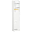White narrow bathroom cabinet with open shelves, toilet roll holder and cupboard