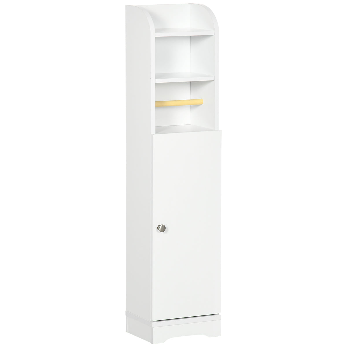 White narrow bathroom cabinet with open shelves, toilet roll holder and cupboard