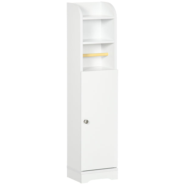 White narrow bathroom cabinet with open shelves, toilet roll holder and cupboard