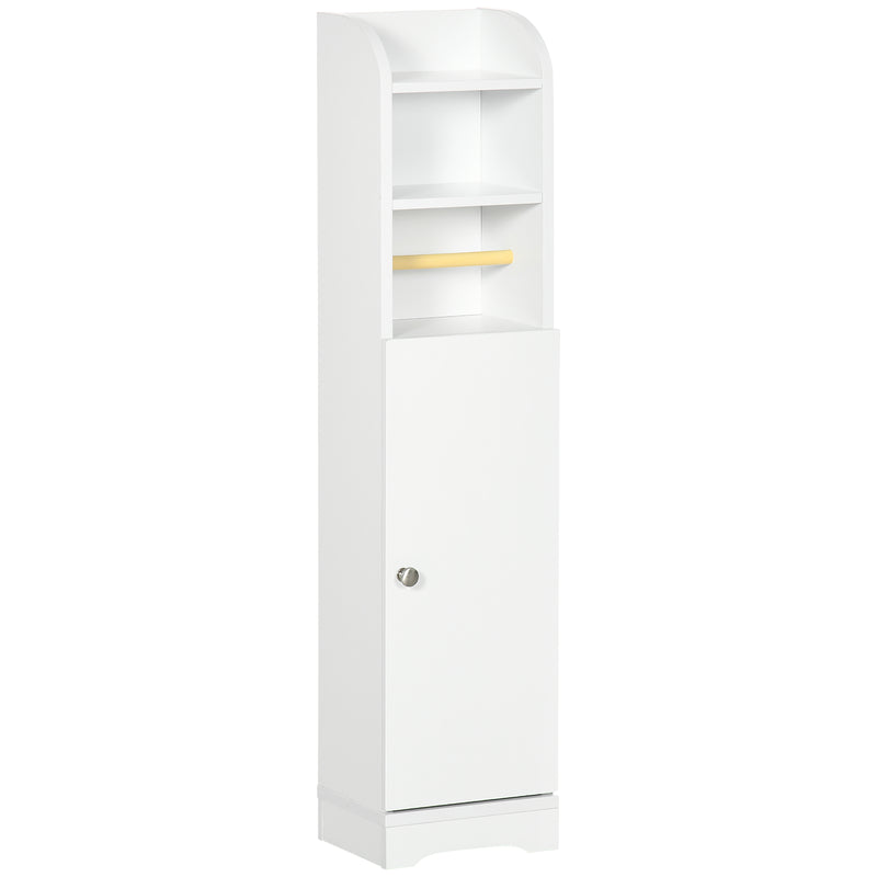 White narrow bathroom cabinet with open shelves, toilet roll holder and cupboard