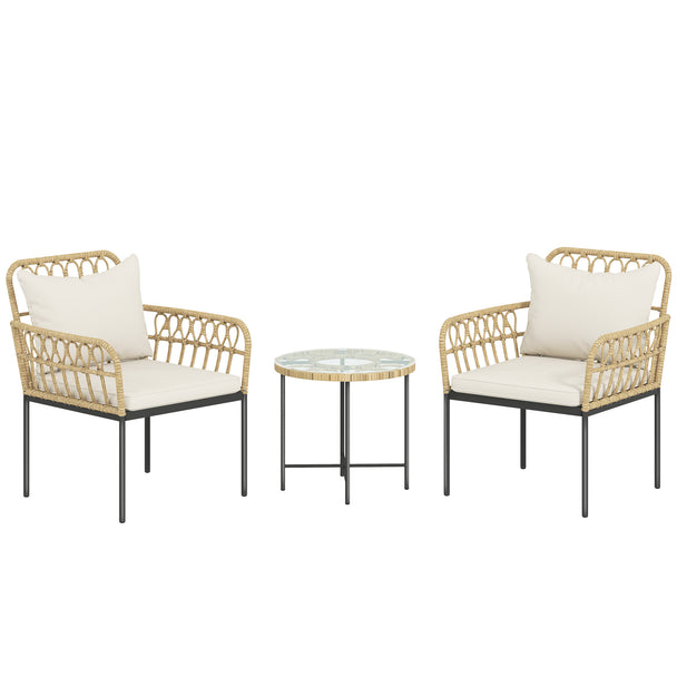 3-piece beige rattan bistro set with two cushioned chairs and round glass-top table