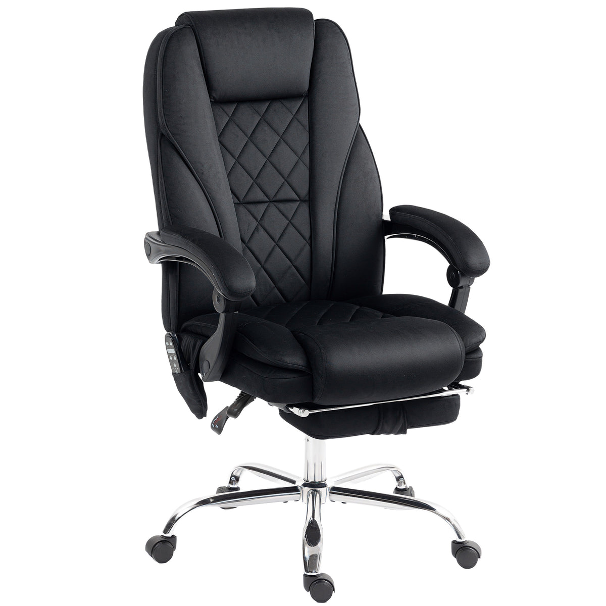 Black velvet-feel heated massage office chair with padded back, side remote pocket and retractable footrest