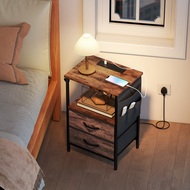 HOMCOM Bedside Table with Charging Station - Rustic Brown – view 8