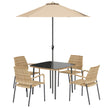Light brown and grey rattan dining set with square glass-top table, four stackable armchairs and parasol
