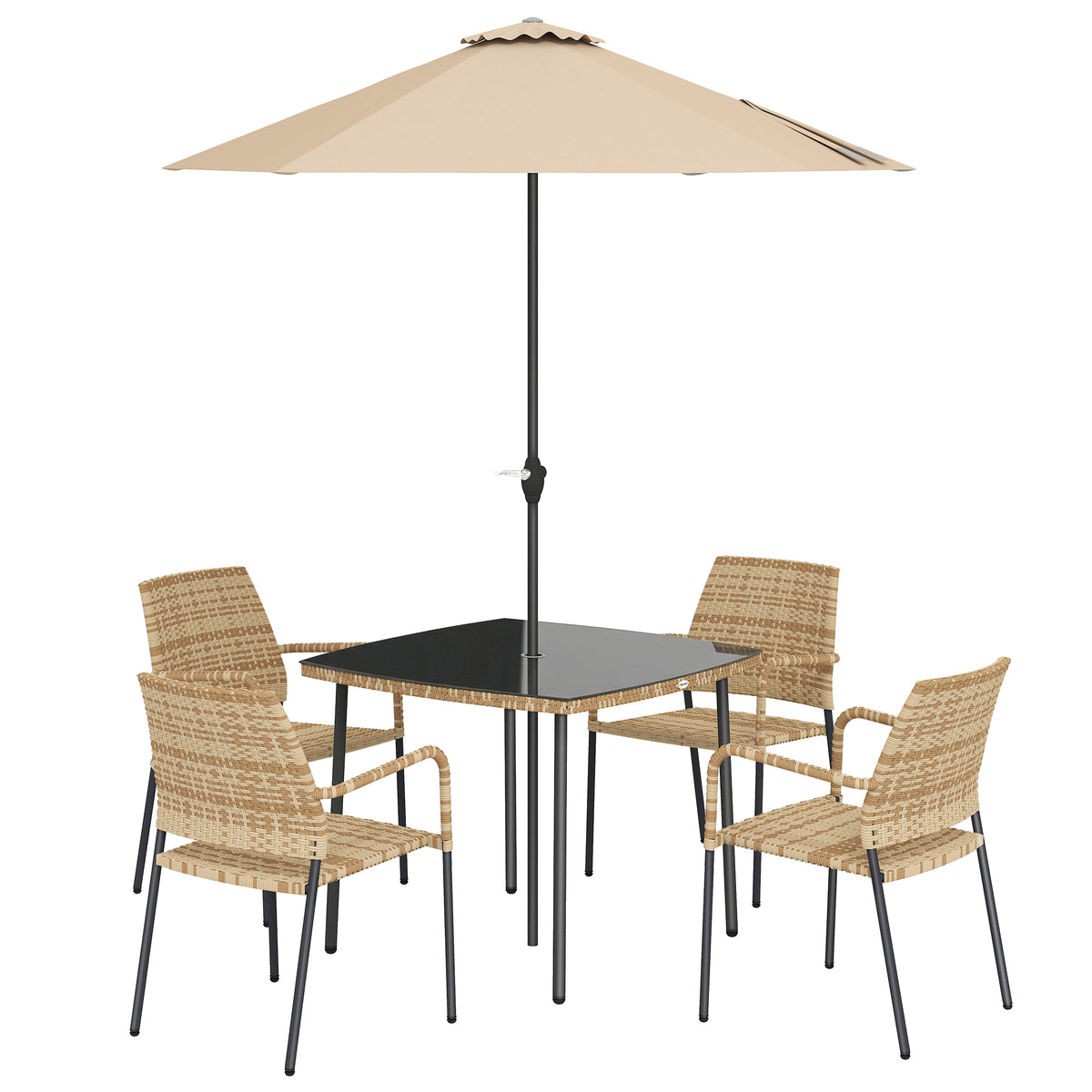 Light brown and grey rattan dining set with square glass-top table, four stackable armchairs and parasol