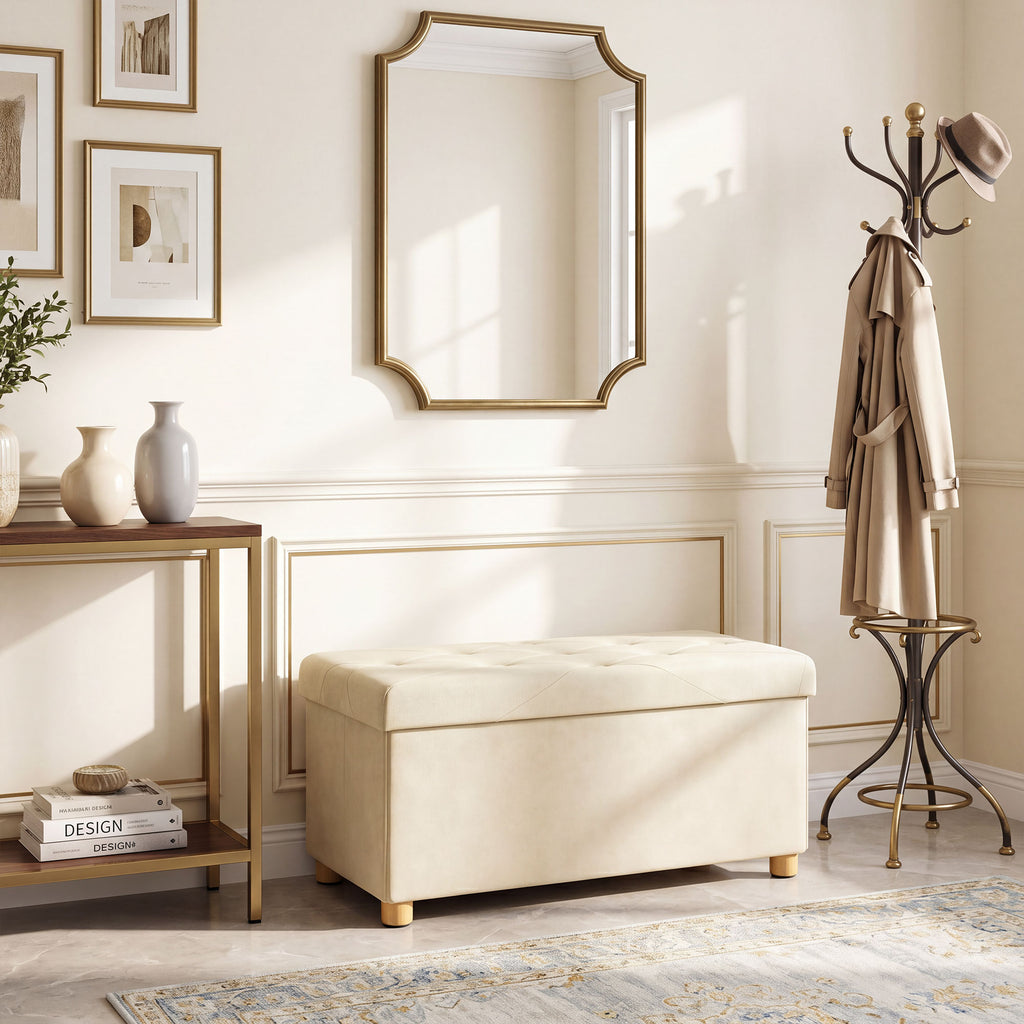 Velvet Upholstered Foldable Ottoman Footrest, Storage Ottoman Bench with Wood Legs for Living Room, Cream White
