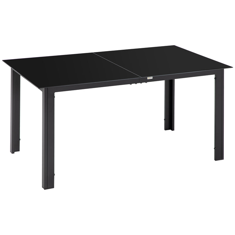 Black 150 cm aluminium garden dining table with tempered glass top, seats six