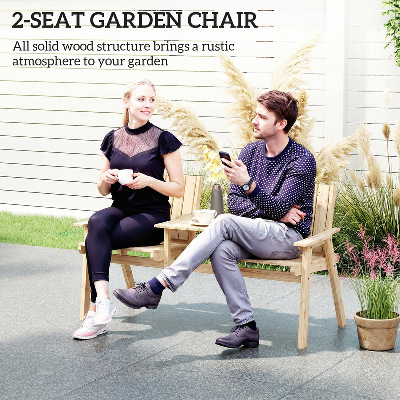 Outsunny 2-Seater Garden Loveseat with Table and Parasol Hole for Porch, Patio, Natural Wood Finish – view 4